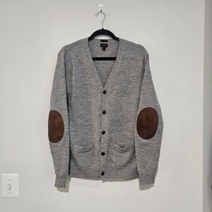 J.Crew Mens Cardigan XL Gray Merino Wool Slim Fit Elbow Patch Preppy Academia